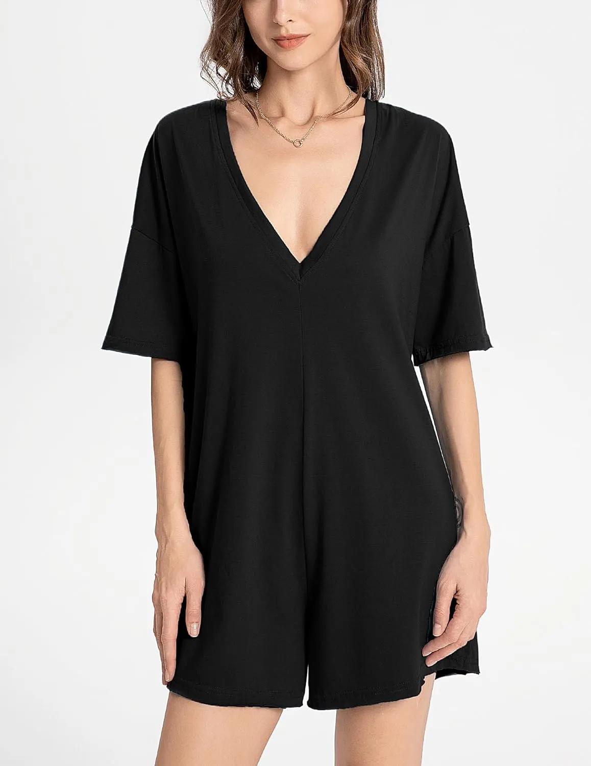2025 Women's Summer Oversized T-Shirt Romper,Casual Backless Reversible Shorts Jumpsuit with Loose Fit