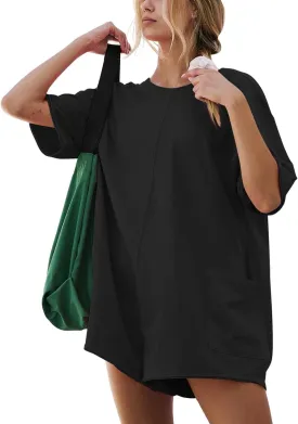 2025 Women's Summer Oversized T-Shirt Romper,Casual Backless Reversible Shorts Jumpsuit with Loose Fit