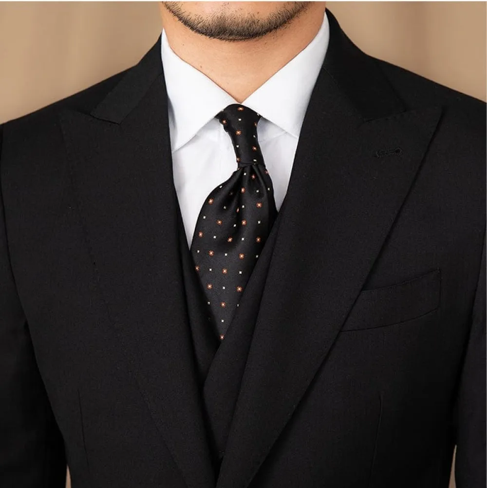 3 Piece Black Business Casual Peak Lapel Double Vented Men's Suit (Blazer Vest Pants)