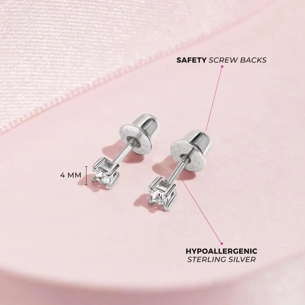 925 Sterling Silver 2mm-5mm Cubic Zirconia Princess Square Cut Screw Back Earrings For Babies, Infants, Toddlers & Little Girls - Hypoallergenic Safe for Sensitive Ears - Birthday Gift Idea
