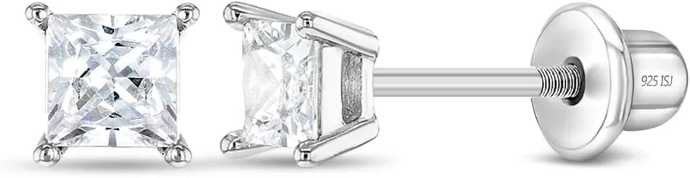 925 Sterling Silver 2mm-5mm Cubic Zirconia Princess Square Cut Screw Back Earrings For Babies, Infants, Toddlers & Little Girls - Hypoallergenic Safe for Sensitive Ears - Birthday Gift Idea