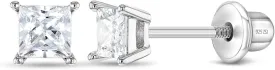 925 Sterling Silver 2mm-5mm Cubic Zirconia Princess Square Cut Screw Back Earrings For Babies, Infants, Toddlers & Little Girls - Hypoallergenic Safe for Sensitive Ears - Birthday Gift Idea