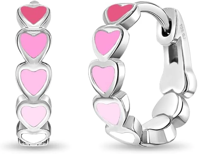 925 Sterling Silver Tiny Heart Enamel Huggie Hoop Earrings - Multicolored Heart Themed Hoops