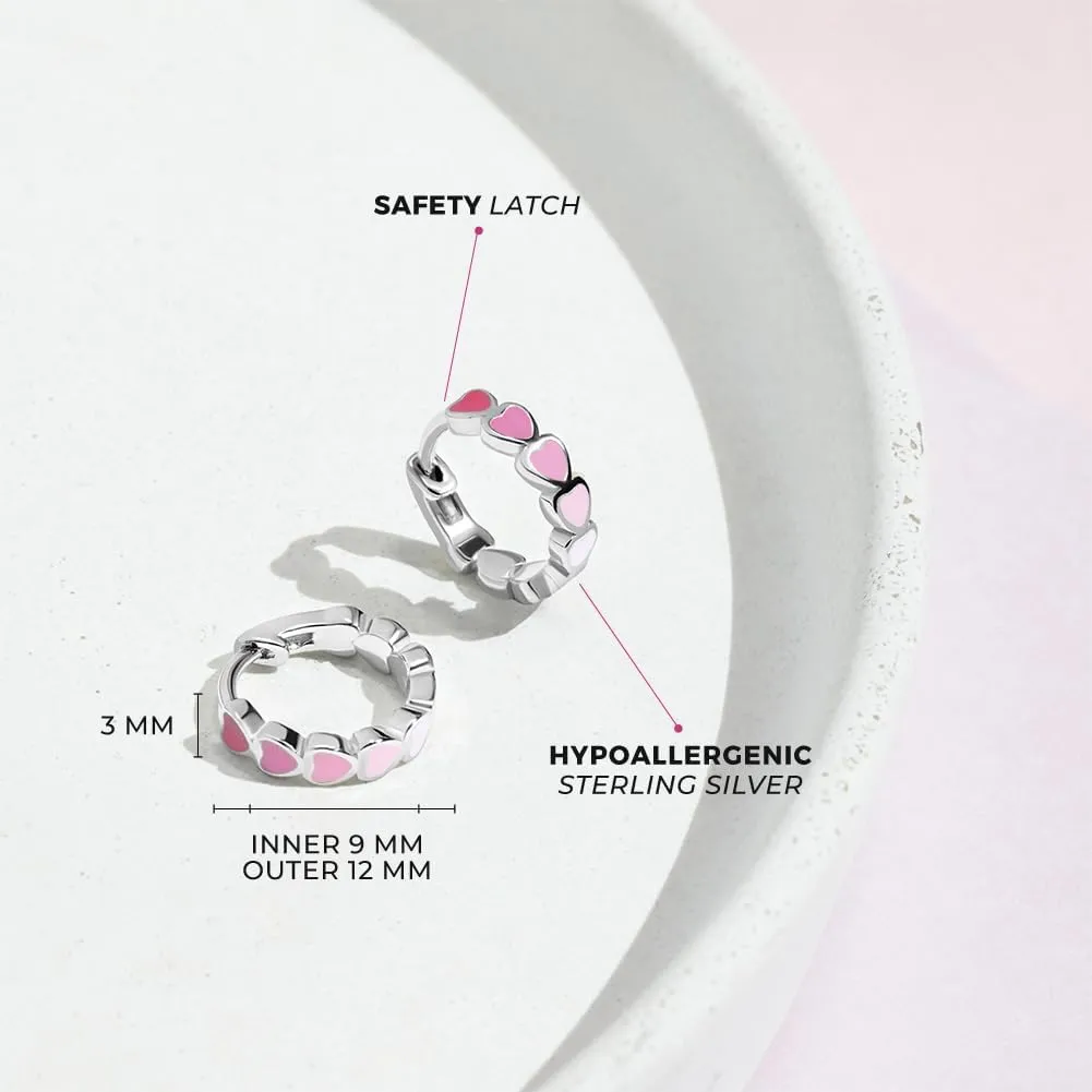 925 Sterling Silver Tiny Heart Enamel Huggie Hoop Earrings - Multicolored Heart Themed Hoops