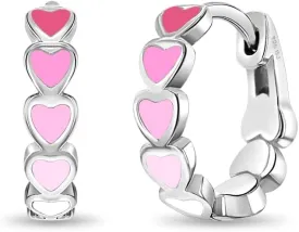 925 Sterling Silver Tiny Heart Enamel Huggie Hoop Earrings - Multicolored Heart Themed Hoops