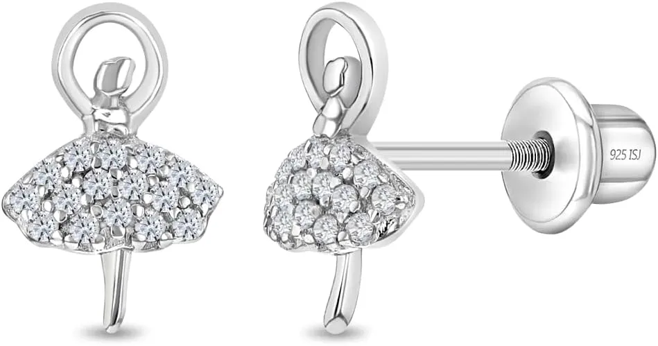 925 Sterling Silver Twirling Ballerina Safety Screw Back Earrings For Young Girls - Children's Dancing Ballerina Earrings For Special Occasions