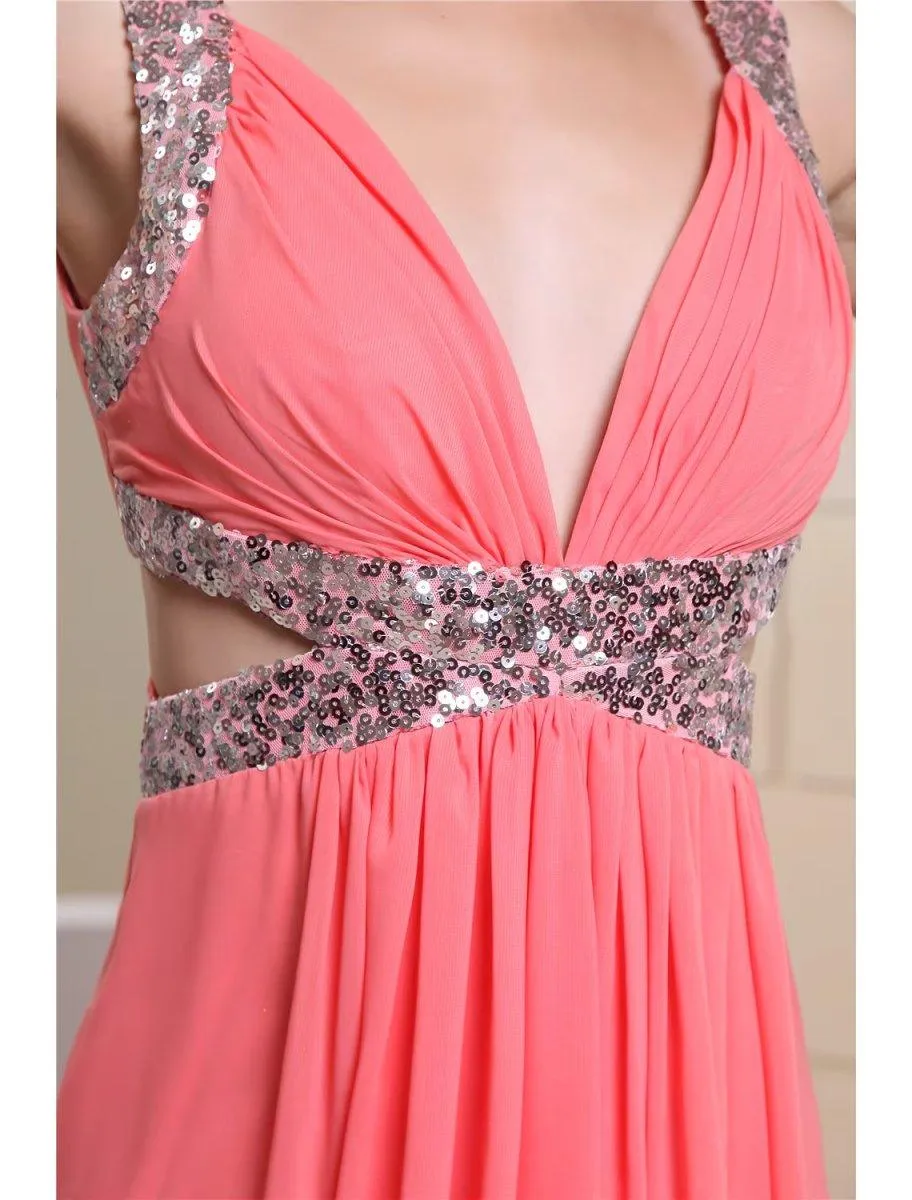 A-Line Evening Gown Sparkle Dress Engagement Floor Length Sleeveless V Neck Chiffon with Pleats Sequin
