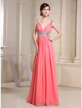 A-Line Evening Gown Sparkle Dress Engagement Floor Length Sleeveless V Neck Chiffon with Pleats Sequin