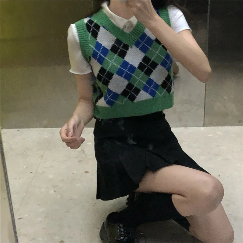 Argyle Sweater Vest Womens V Neck Tank Sweater