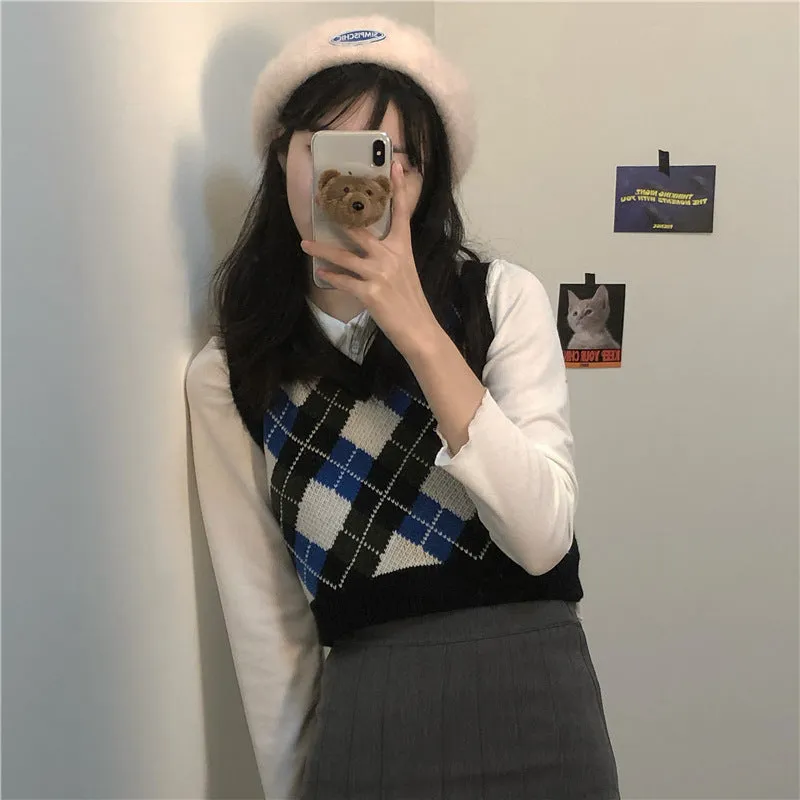 Argyle Sweater Vest Womens V Neck Tank Sweater