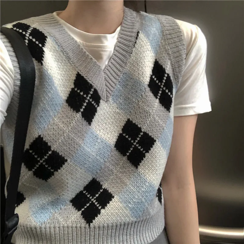 Argyle Sweater Vest Womens V Neck Tank Sweater