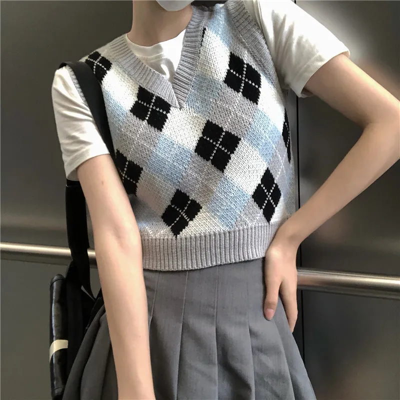 Argyle Sweater Vest Womens V Neck Tank Sweater