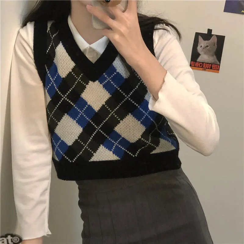 Argyle Sweater Vest Womens V Neck Tank Sweater