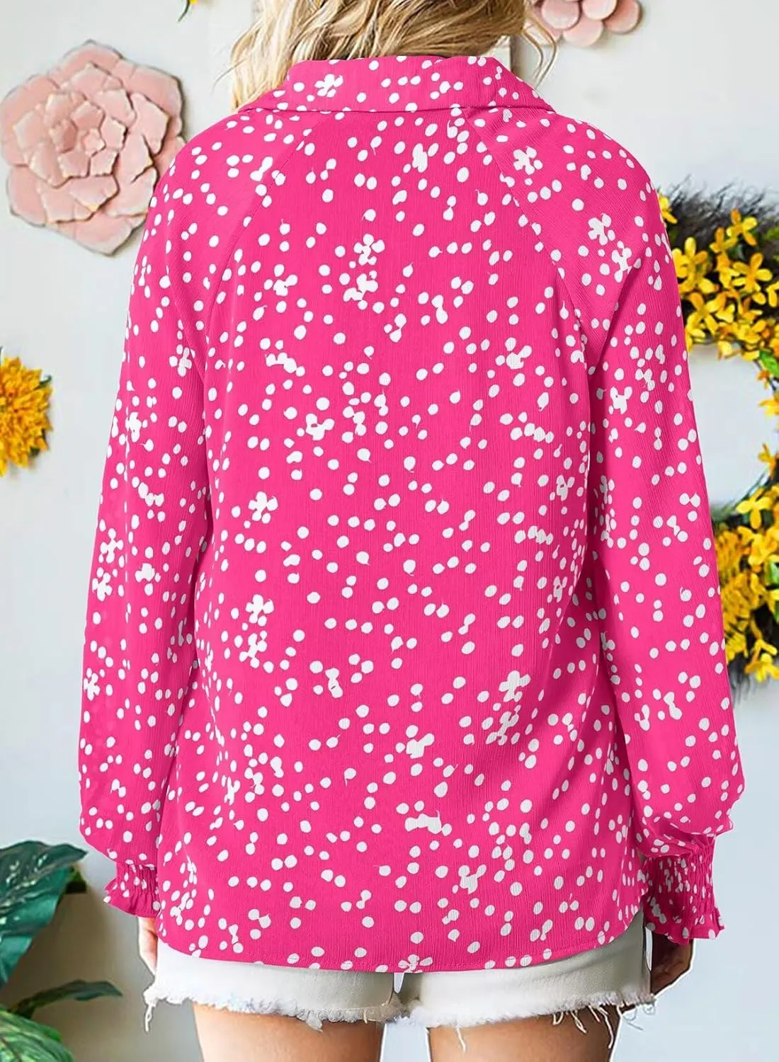 Astylish Women's Trendy Polka Dot Alicia Floral Blouses Long Sleeve Shirts Chiffon V Neck Bohemian Collared Tops
