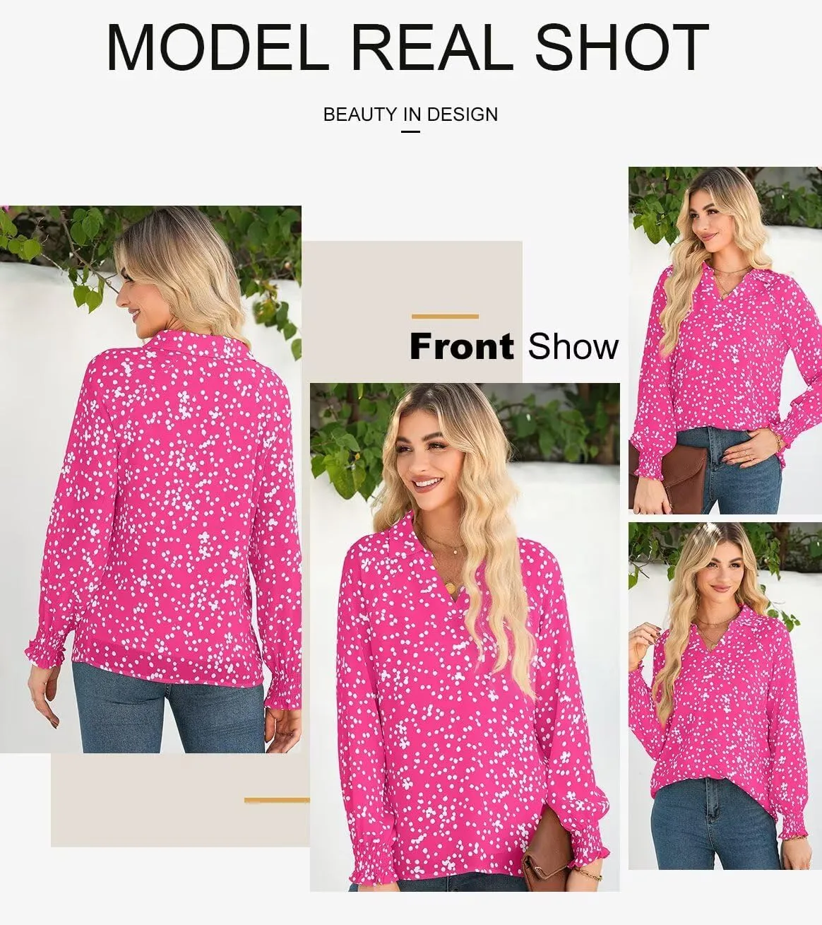 Astylish Women's Trendy Polka Dot Alicia Floral Blouses Long Sleeve Shirts Chiffon V Neck Bohemian Collared Tops