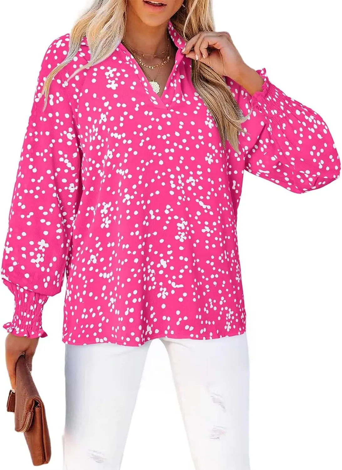 Astylish Women's Trendy Polka Dot Alicia Floral Blouses Long Sleeve Shirts Chiffon V Neck Bohemian Collared Tops
