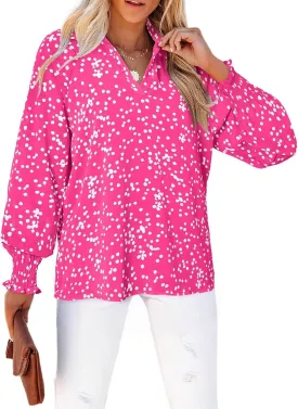 Astylish Women's Trendy Polka Dot Alicia Floral Blouses Long Sleeve Shirts Chiffon V Neck Bohemian Collared Tops
