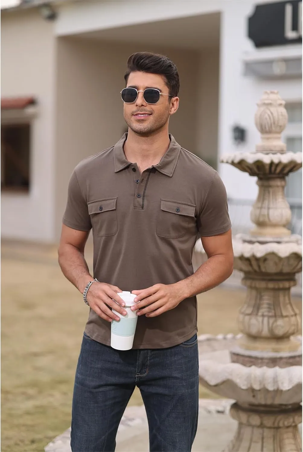 Aulemen Men's Polo Shirts Short Sleeve Casual Slim Fit Button Basic Golf Shirt Moisture Wicking Top with Pocket