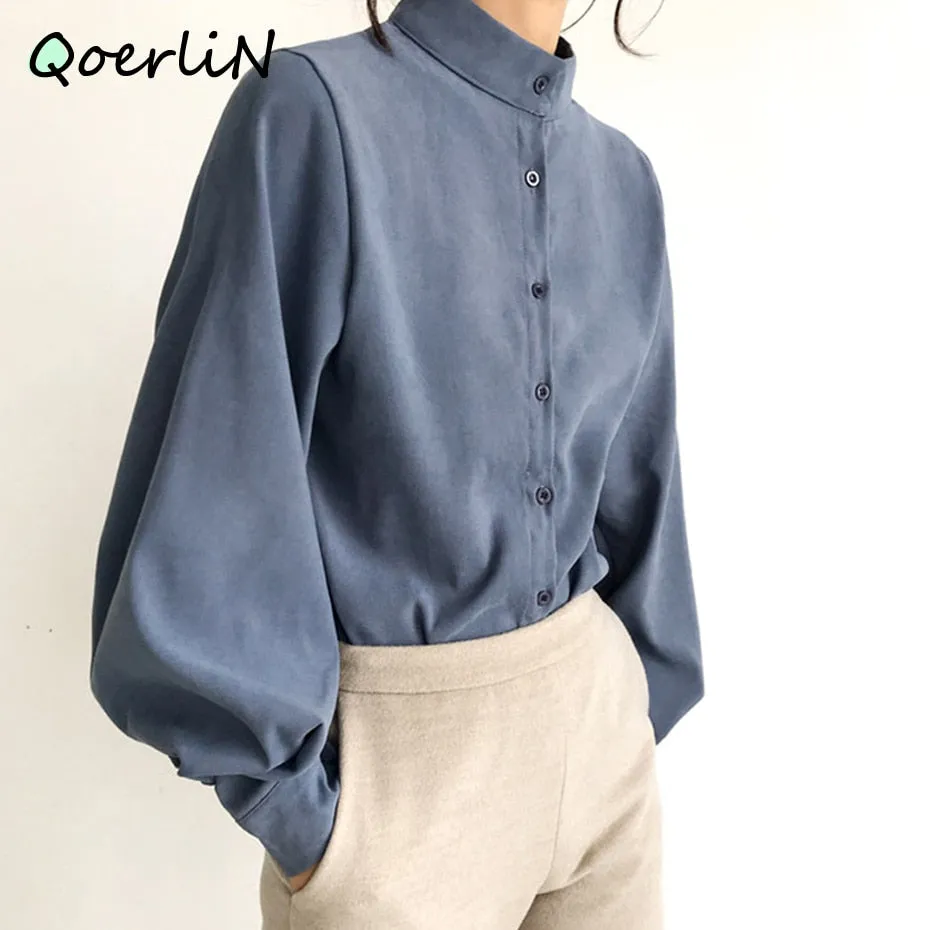 Autumn Winter Lantern Sleeve Blouse with Stand Collar