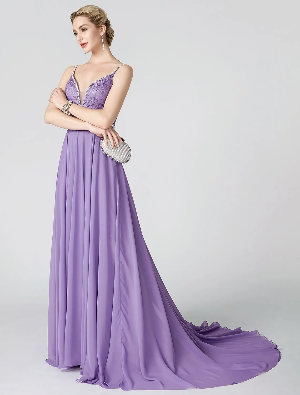 Ball Gown Beaded & Sequin Holiday Cocktail Party Formal Evening Dress Plunging Neck Sleeveless Court Train Chiffon Metallic Lace with Sash / Ribbon Pleats Beading