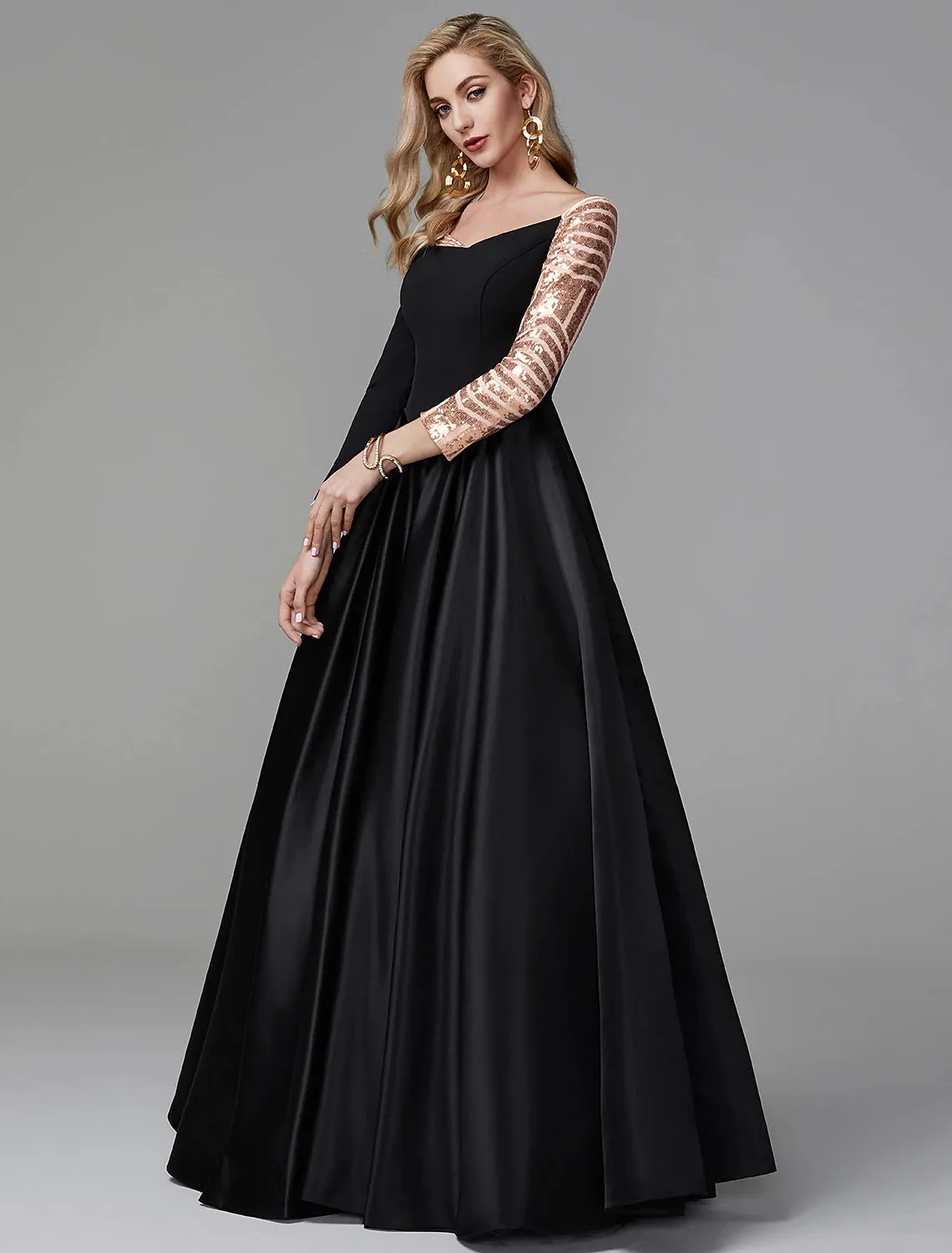 Ball Gown Vintage Dress Quinceanera Formal Evening Floor Length Long Sleeve Off Shoulder Satin with Sequin