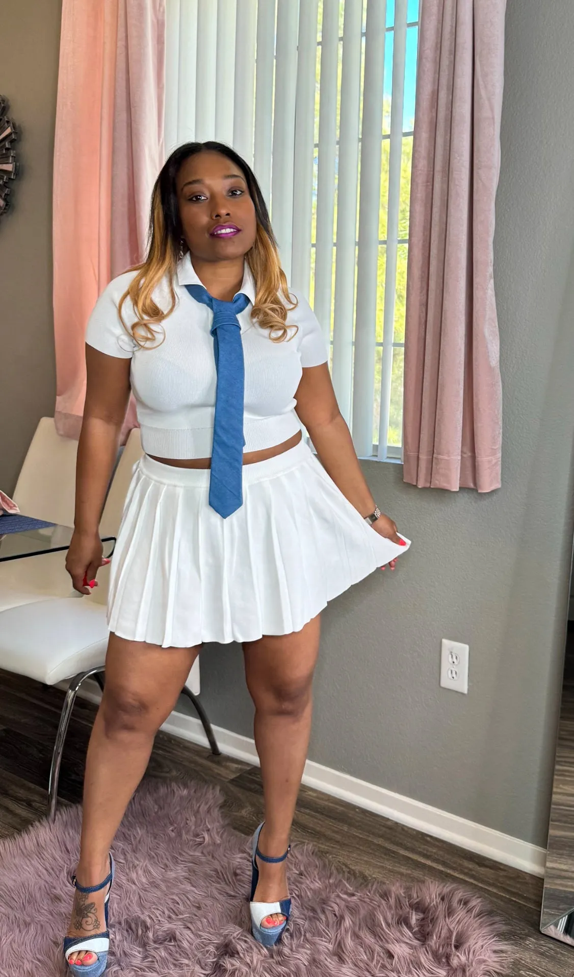Bring It On Pleated Skirt Set (White)