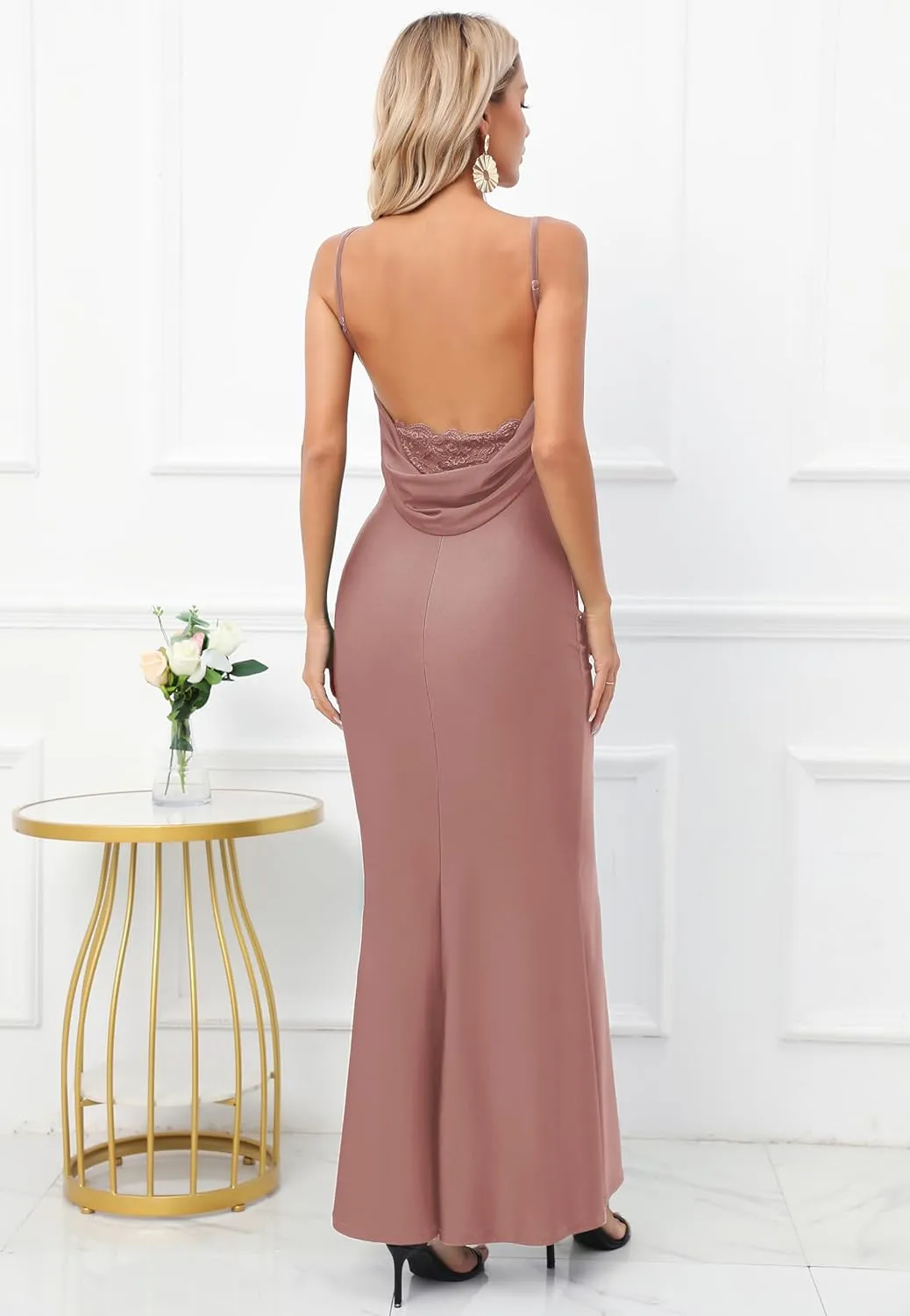 Capuffy Women Drape Neck Formal Maxi Dresses Lace Backless Cocktail Party Dress Spaghetti Straps Mermaid Evening Gown 221