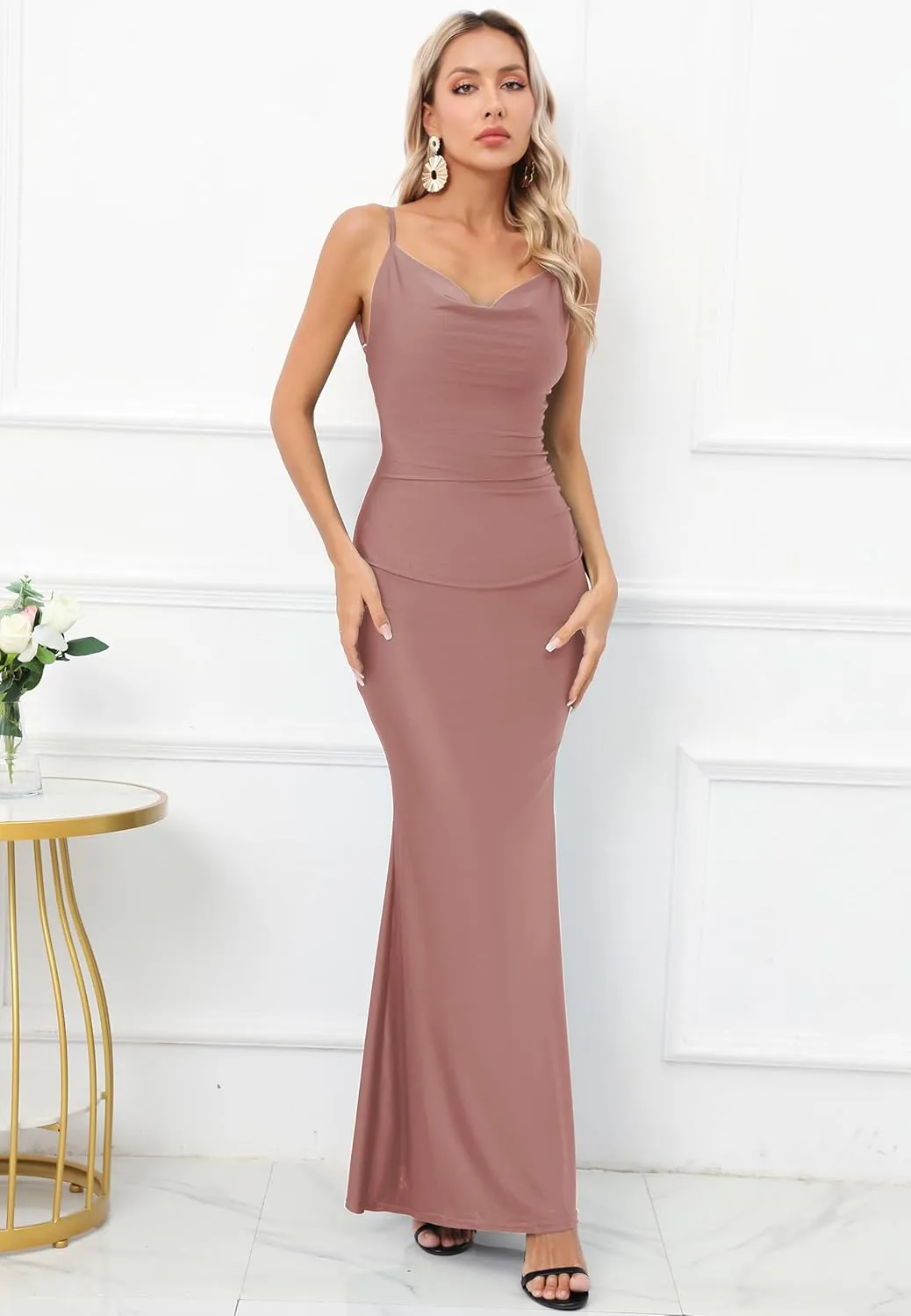 Capuffy Women Drape Neck Formal Maxi Dresses Lace Backless Cocktail Party Dress Spaghetti Straps Mermaid Evening Gown 221