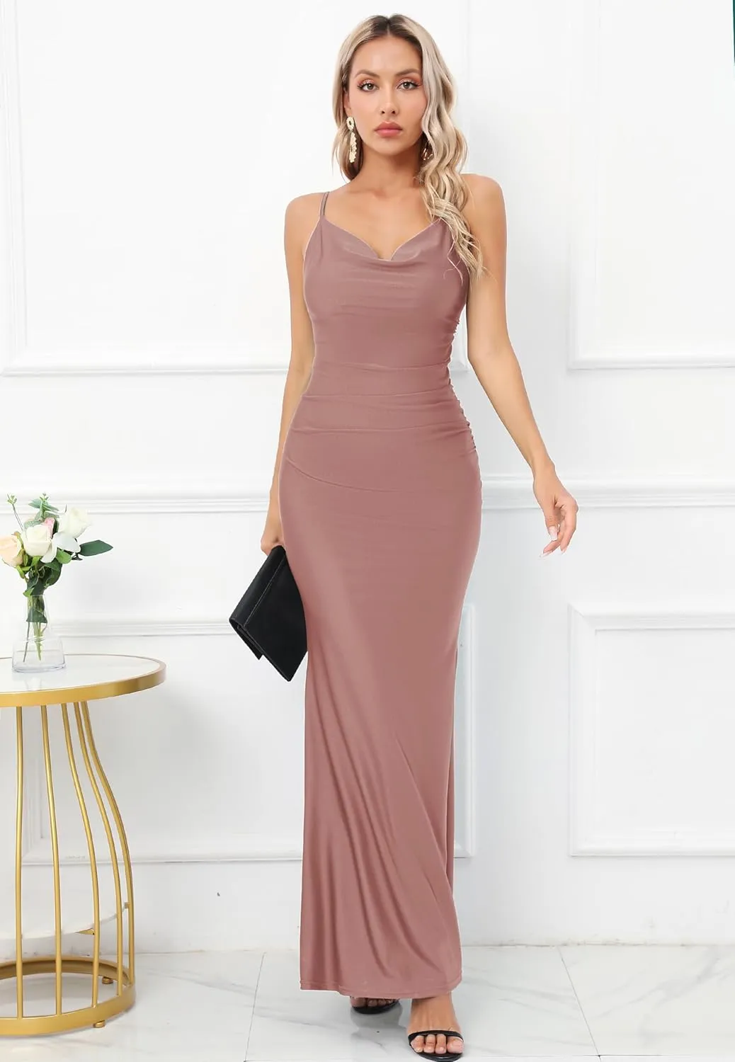 Capuffy Women Drape Neck Formal Maxi Dresses Lace Backless Cocktail Party Dress Spaghetti Straps Mermaid Evening Gown 221