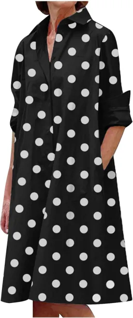 Ceboyel Shirt Dresses for Women 2023 Polka Dot Midi Dress Long Sleeve Button Down Dress Dressy Casual Ladies Clothing