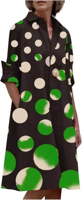 Ceboyel Shirt Dresses for Women 2023 Polka Dot Midi Dress Long Sleeve Button Down Dress Dressy Casual Ladies Clothing