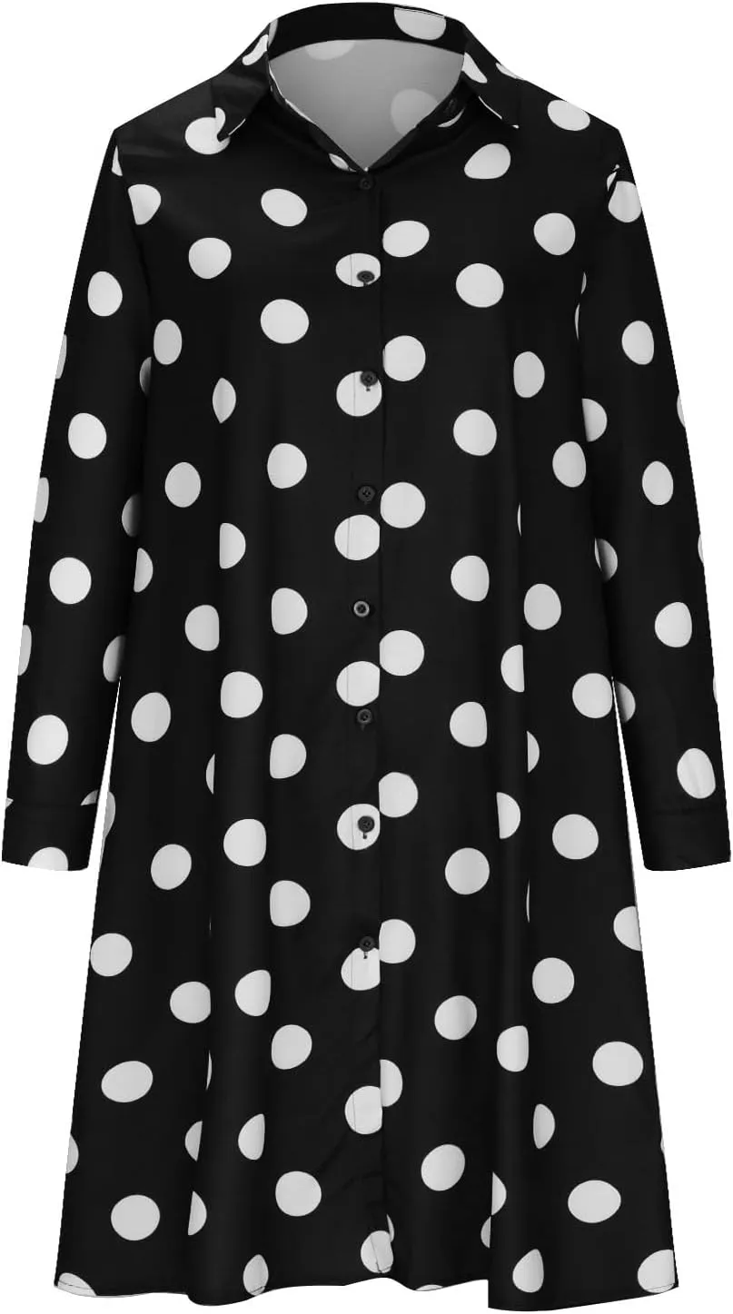 Ceboyel Shirt Dresses for Women 2023 Polka Dot Midi Dress Long Sleeve Button Down Dress Dressy Casual Ladies Clothing