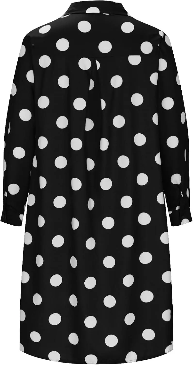 Ceboyel Shirt Dresses for Women 2023 Polka Dot Midi Dress Long Sleeve Button Down Dress Dressy Casual Ladies Clothing