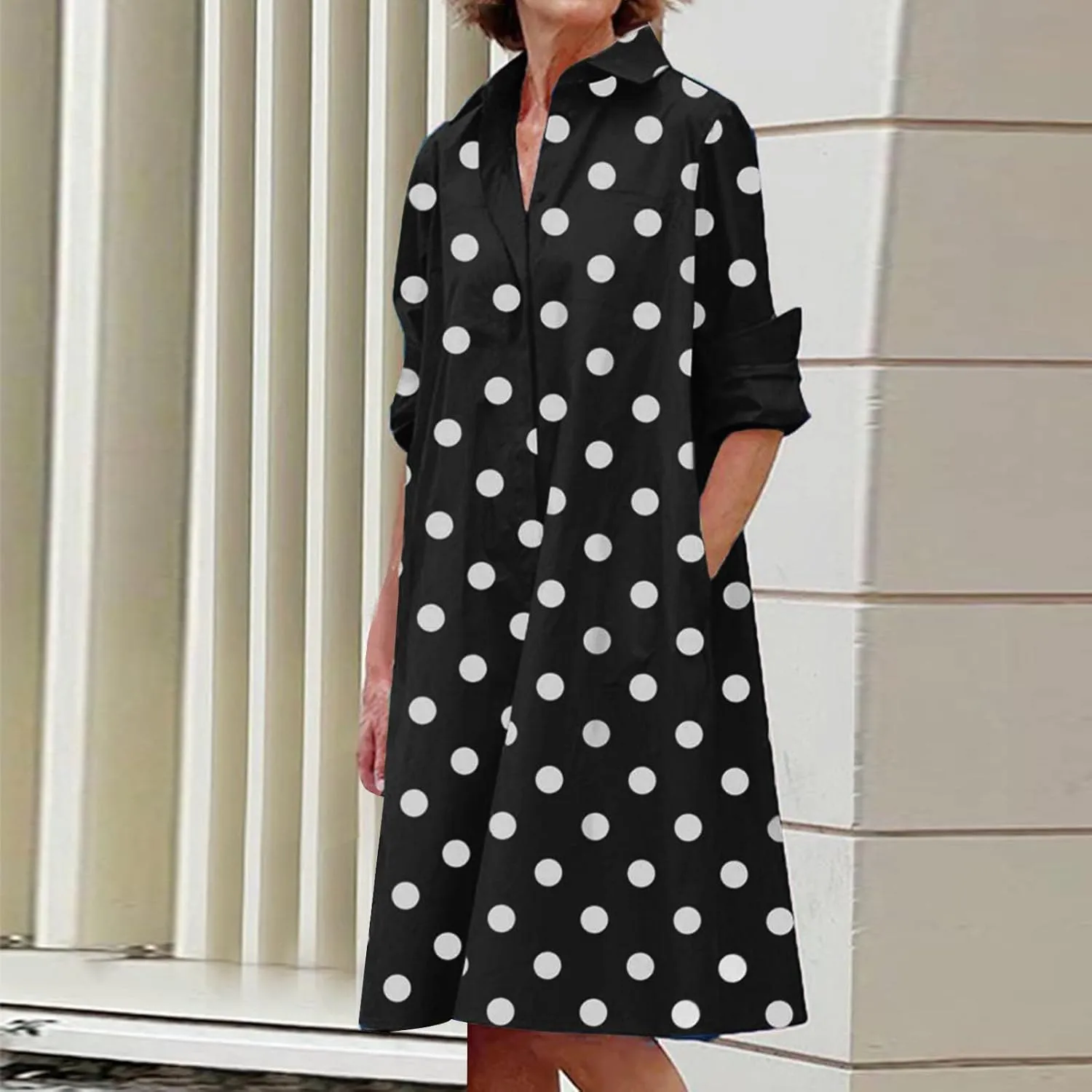 Ceboyel Shirt Dresses for Women 2023 Polka Dot Midi Dress Long Sleeve Button Down Dress Dressy Casual Ladies Clothing