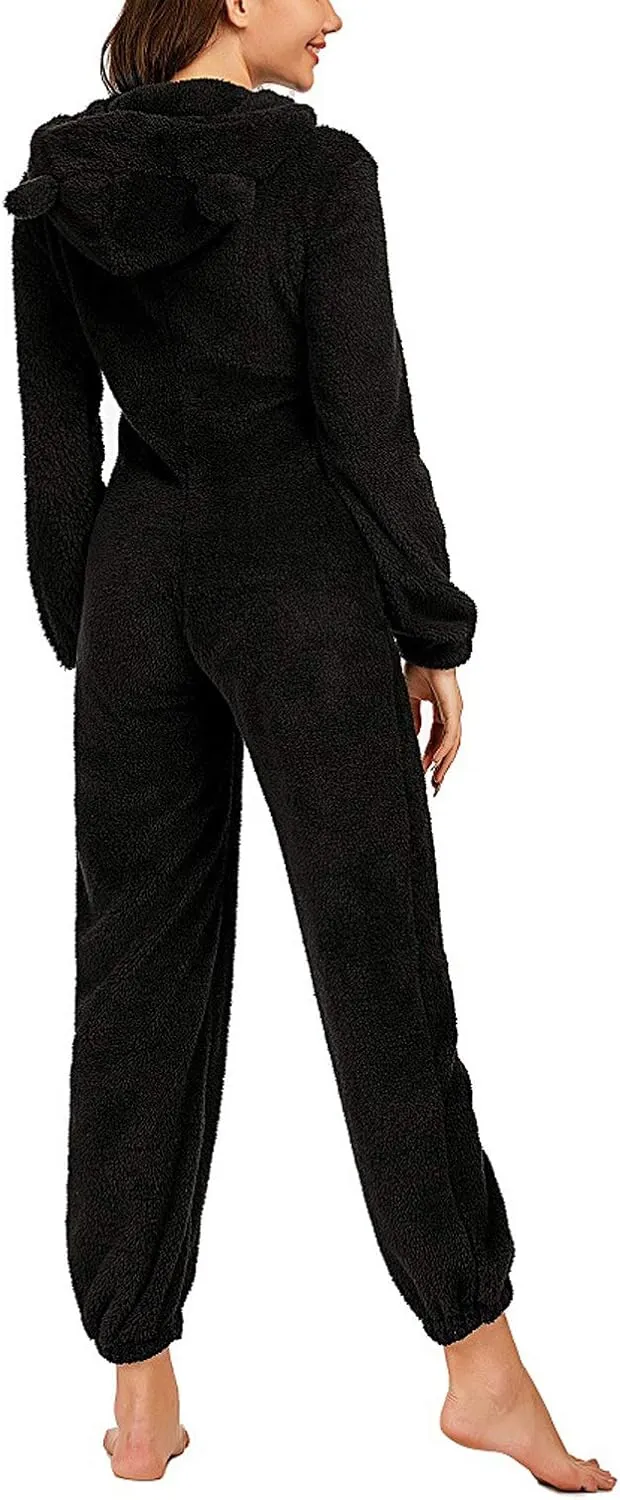 chouyatou Women's Ultra Comfy Lounge Furry Sherpa Romper Onesie Pajamas Cute Ear Hood