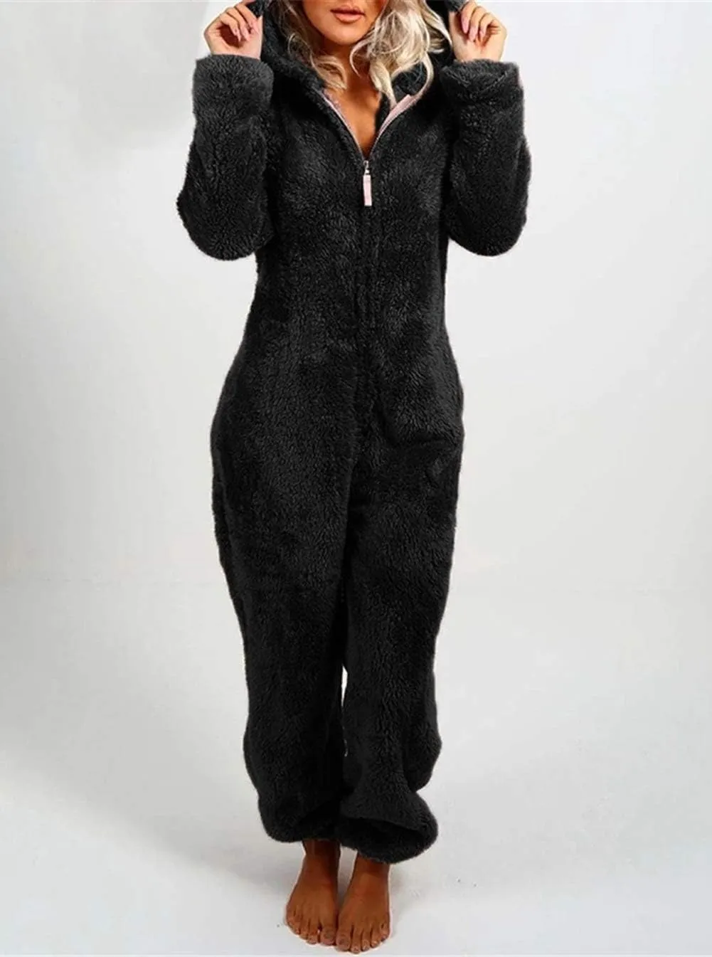 chouyatou Women's Ultra Comfy Lounge Furry Sherpa Romper Onesie Pajamas Cute Ear Hood
