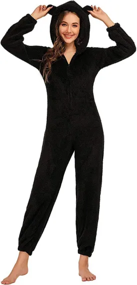chouyatou Women's Ultra Comfy Lounge Furry Sherpa Romper Onesie Pajamas Cute Ear Hood
