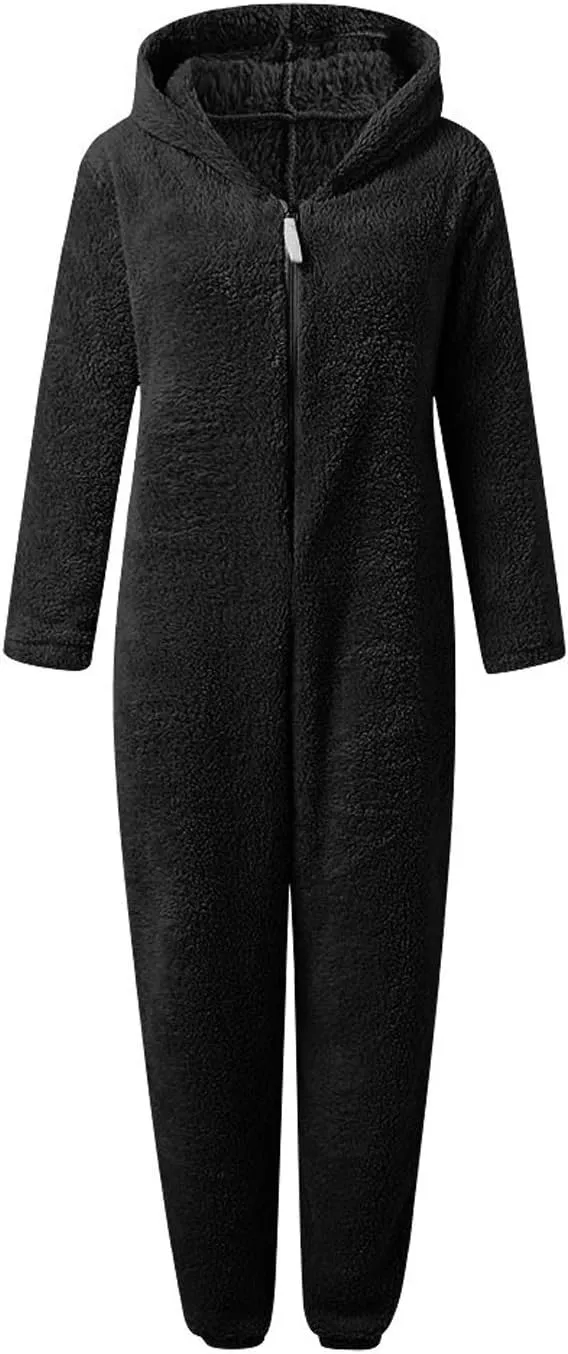 chouyatou Women's Ultra Comfy Lounge Furry Sherpa Romper Onesie Pajamas Cute Ear Hood