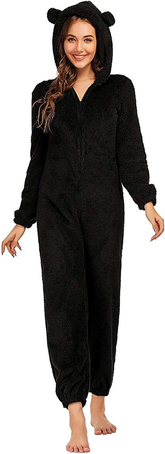 chouyatou Women's Ultra Comfy Lounge Furry Sherpa Romper Onesie Pajamas Cute Ear Hood