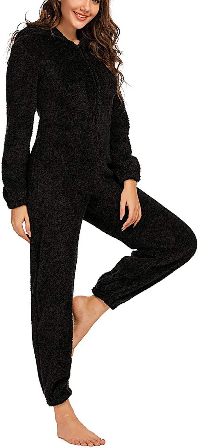 chouyatou Women's Ultra Comfy Lounge Furry Sherpa Romper Onesie Pajamas Cute Ear Hood