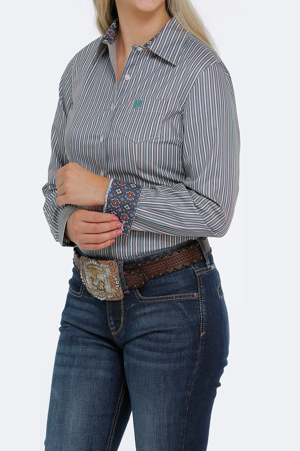 Cinch Women's L/S Tri-Color Stripe Tencel Button Down Shirt- Navy, Teal, Cream