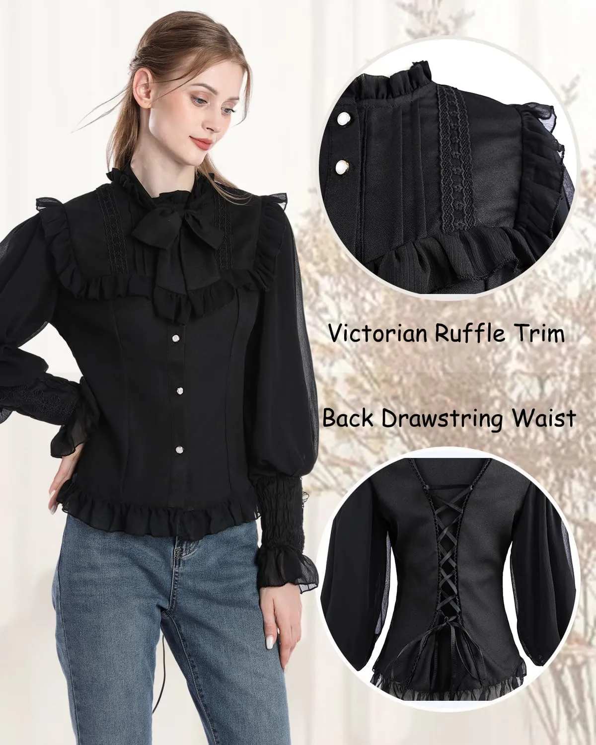 CR ROLECOS Women Victorian Blouse High Collar Lace Ruffled Shirt Tops
