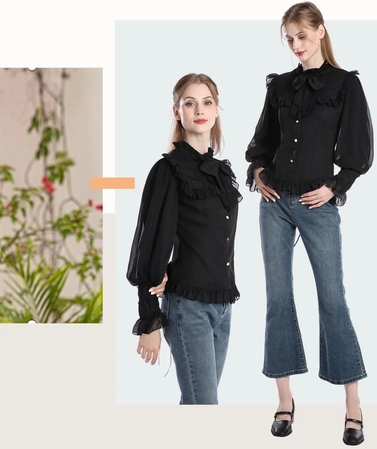 CR ROLECOS Women Victorian Blouse High Collar Lace Ruffled Shirt Tops