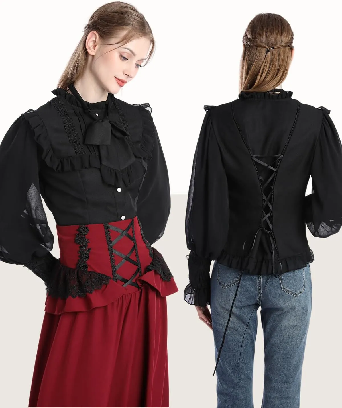 CR ROLECOS Women Victorian Blouse High Collar Lace Ruffled Shirt Tops