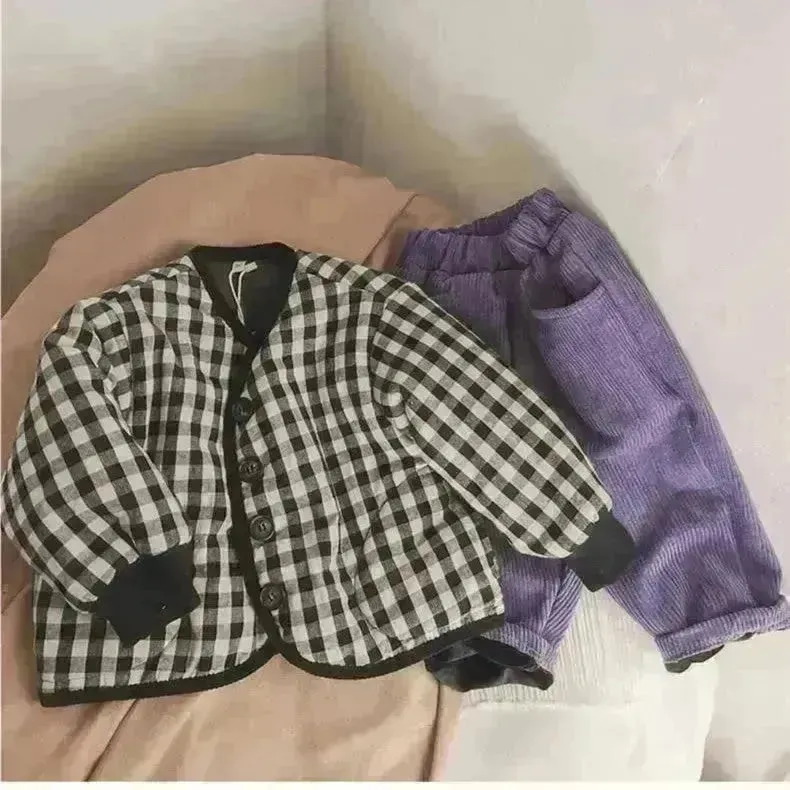 Elegant Cotton-padded All-matching Children's Baby girl Plaid Jacket top