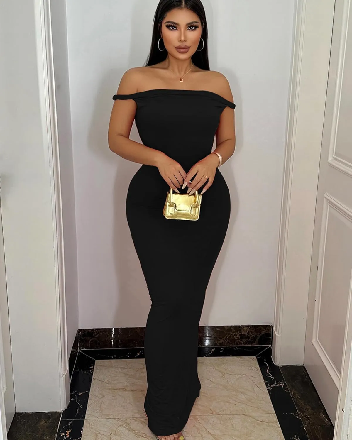 Elegant Off-Shoulder Bodycon Evening Gown - Slim Fit Long Formal Dress for Weddings, Parties, Special Occasions