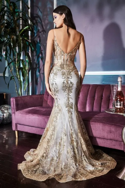 Embroidered Fantasy Lavender Sequined Sleeveless Mermaid Gown