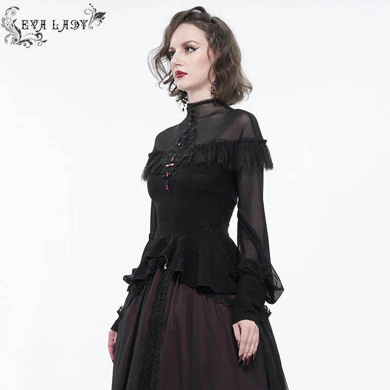 ETT025 mesh horizontal neck sheer lace lantern sleeve gothic women top with red diamond