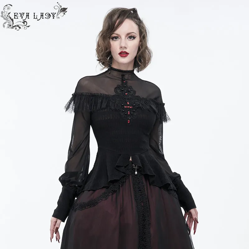 ETT025 mesh horizontal neck sheer lace lantern sleeve gothic women top with red diamond