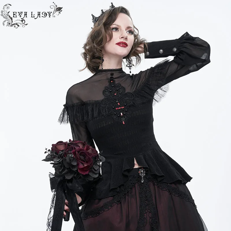 ETT025 mesh horizontal neck sheer lace lantern sleeve gothic women top with red diamond